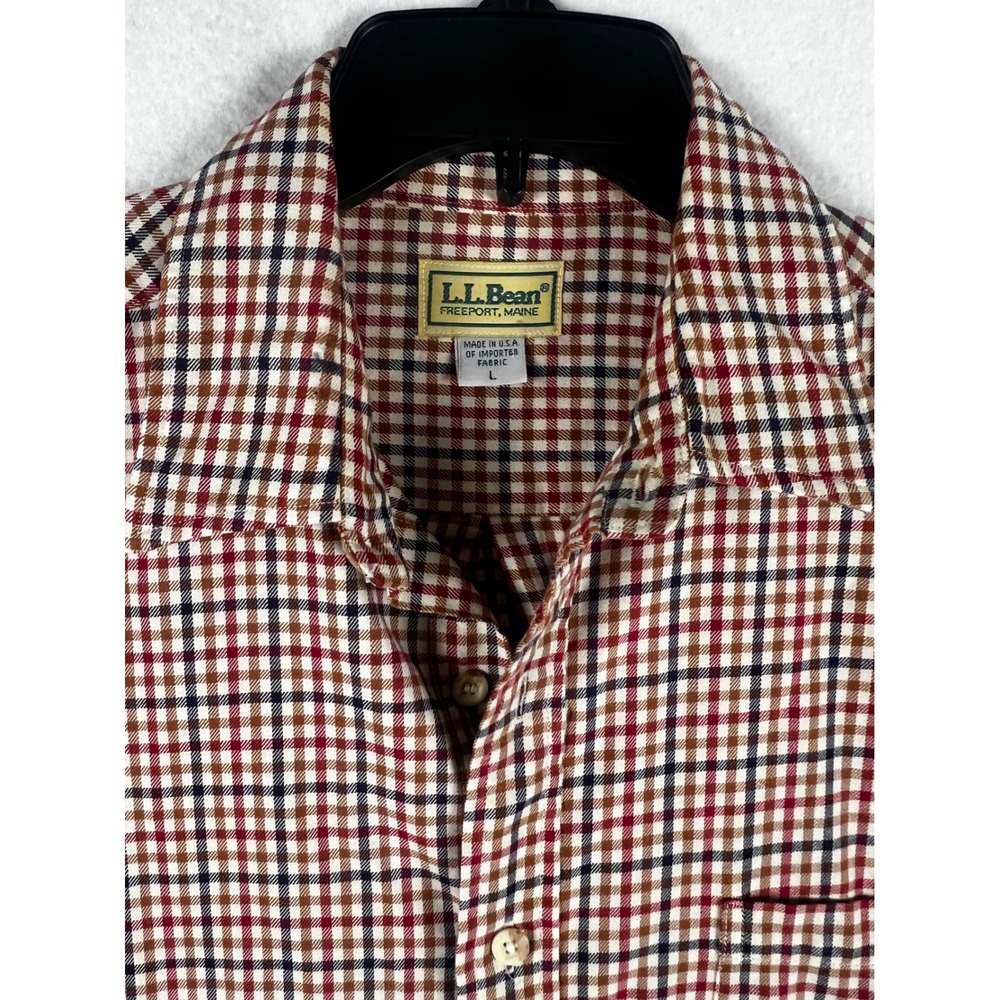 Vintage LL Bean Mens Large Red Navy Tattersall Check Button Down Made in USA - Picture 1 of 6